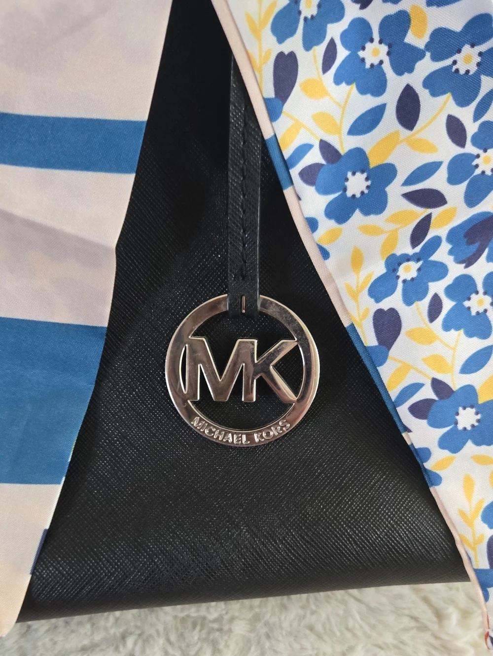 Michael Kors Black Saffiano Leather Satchel with Blue Floral Scarf EUC